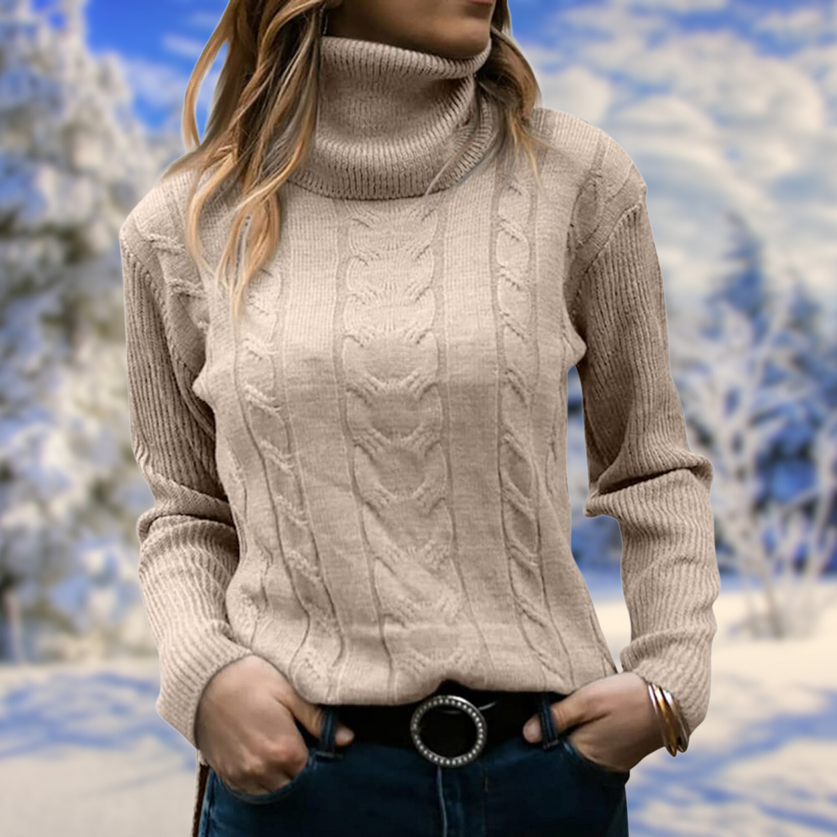 Women's Tailored Roll-Neck Knit Pullover – Beige
