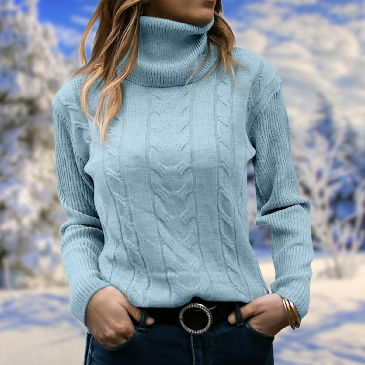 Women's Tailored Roll-Neck Knit Pullover – Light Blue