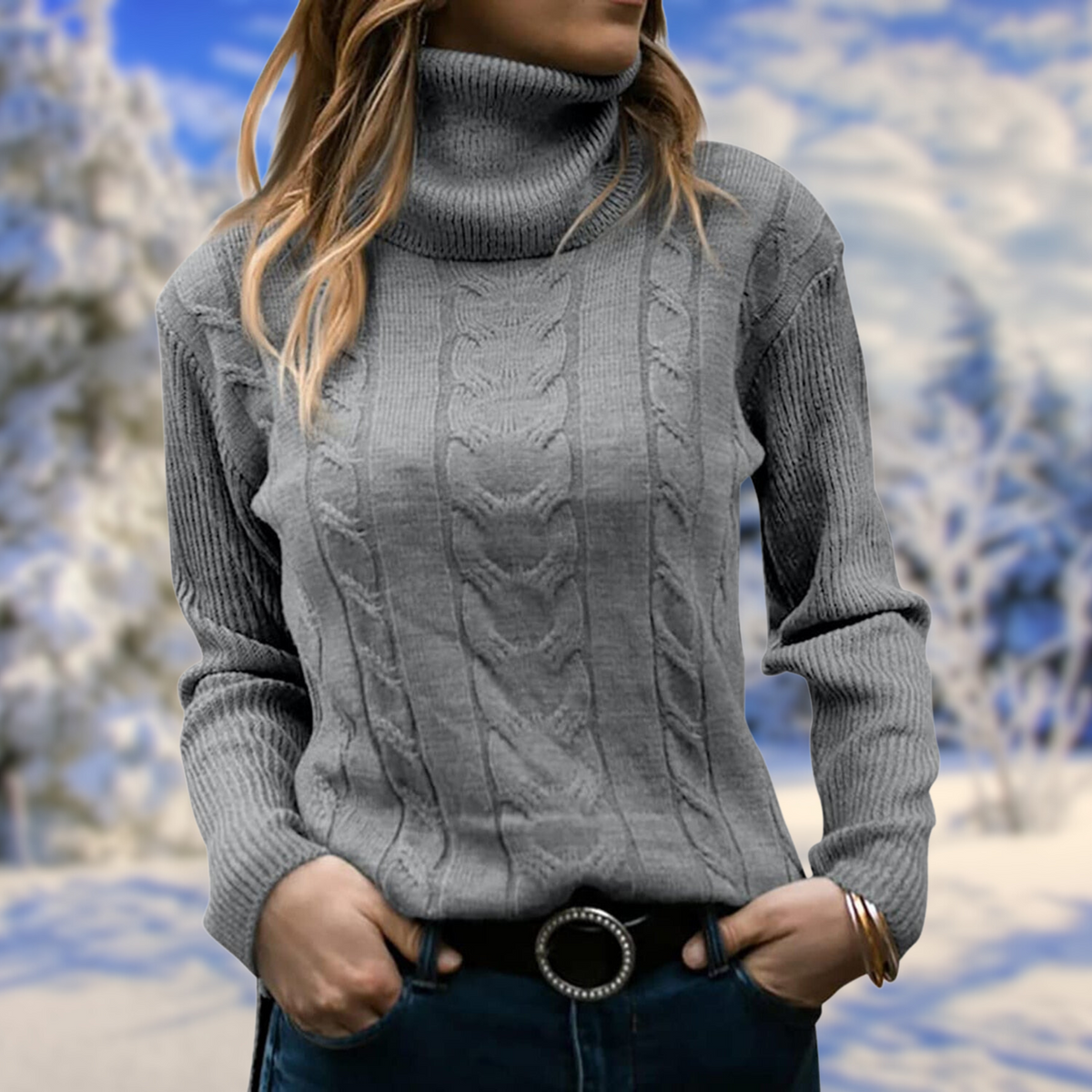 Women's Tailored Roll-Neck Knit Pullover – Gray