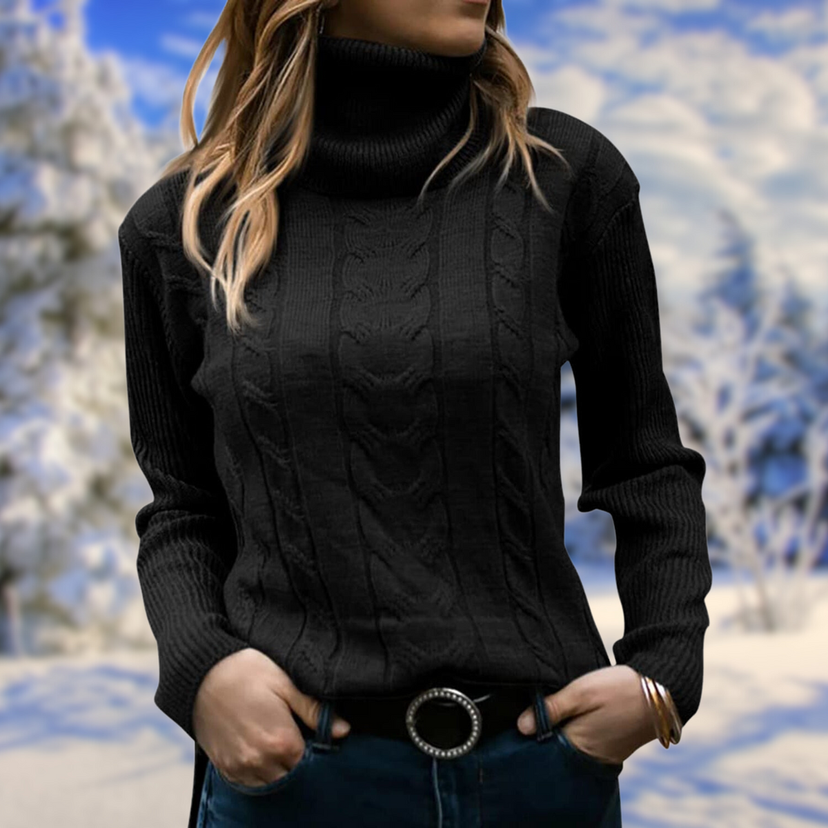 Women's Tailored Roll-Neck Knit Pullover – Black
