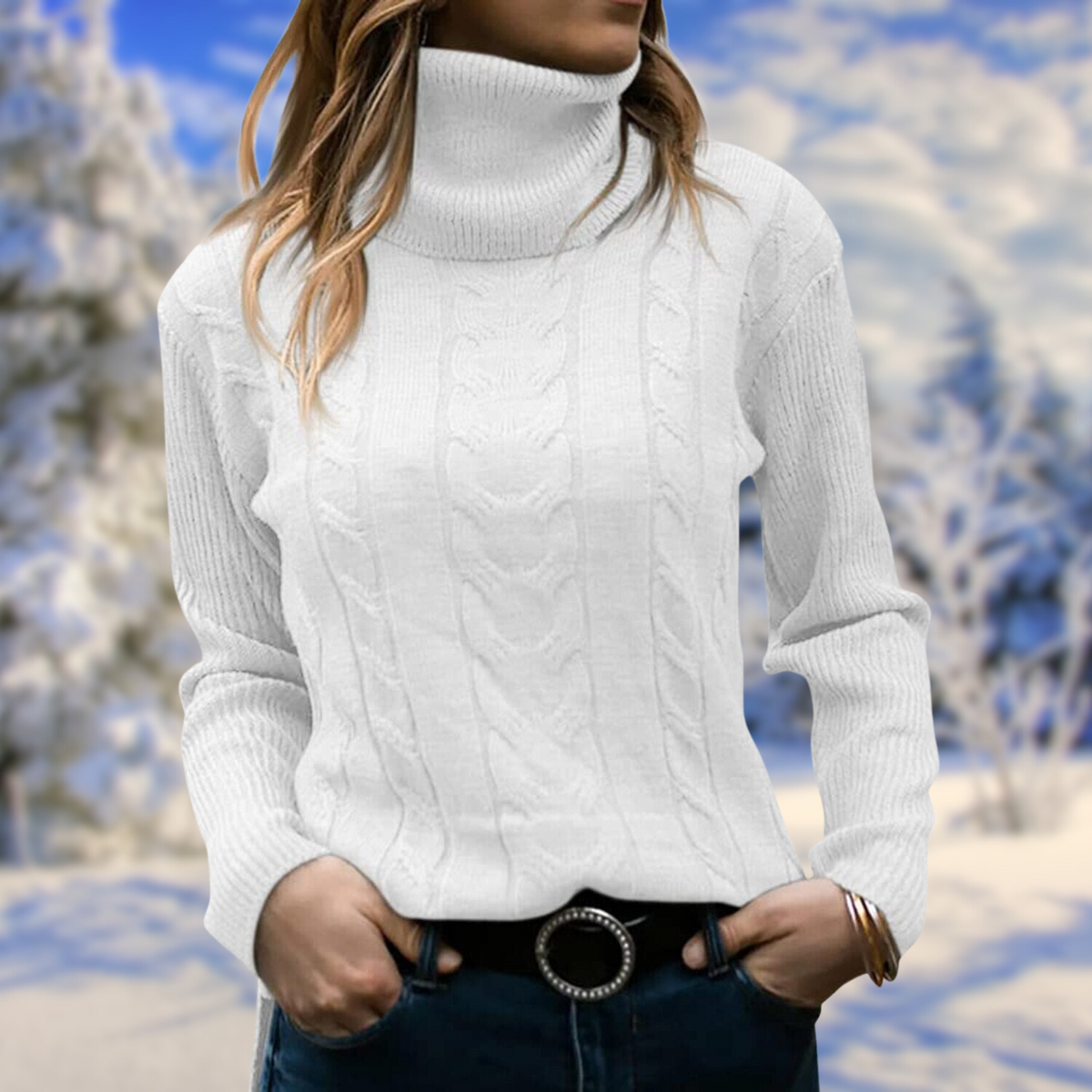 Women's Tailored Roll-Neck Knit Pullover – White