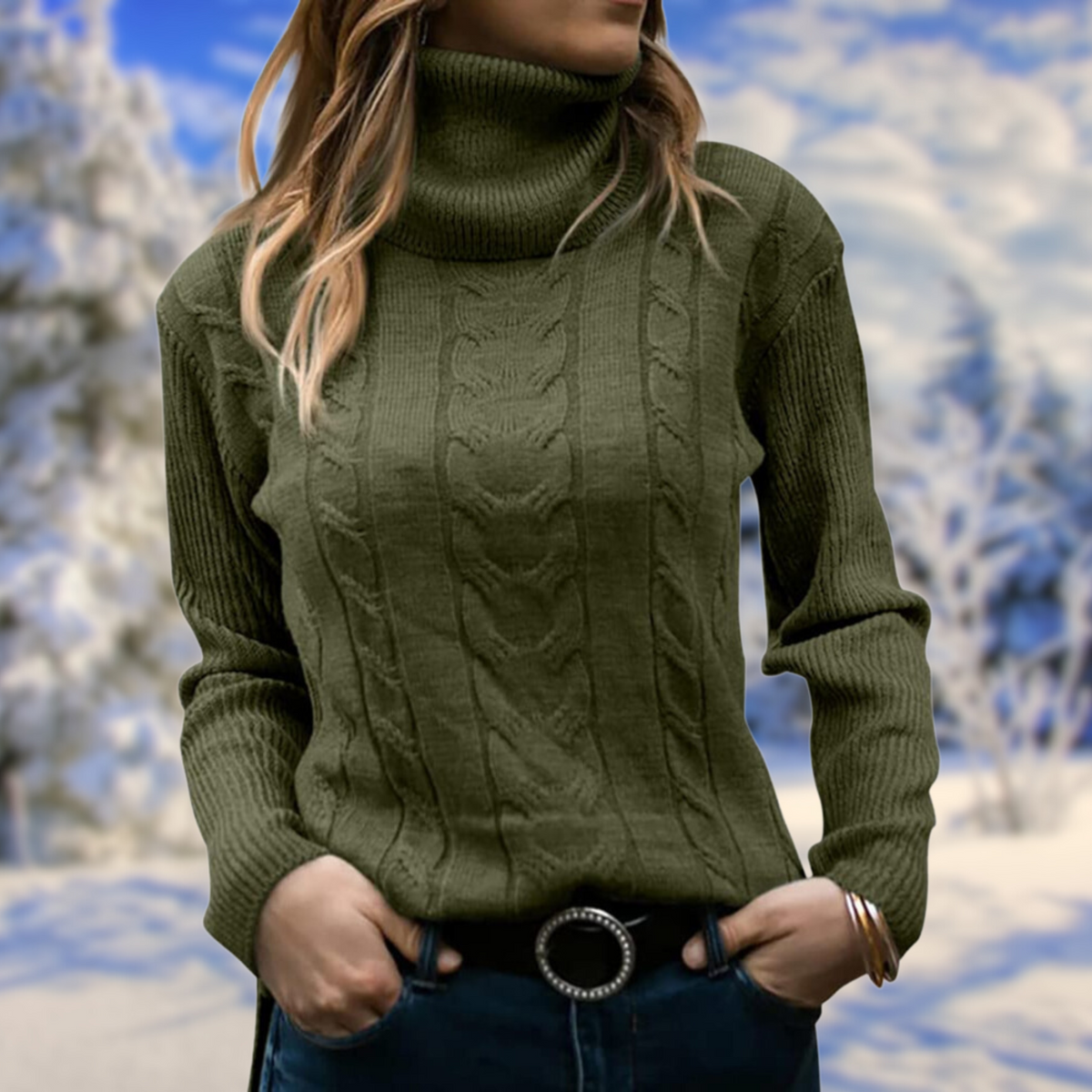 Women's Tailored Roll-Neck Knit Pullover – Army Green