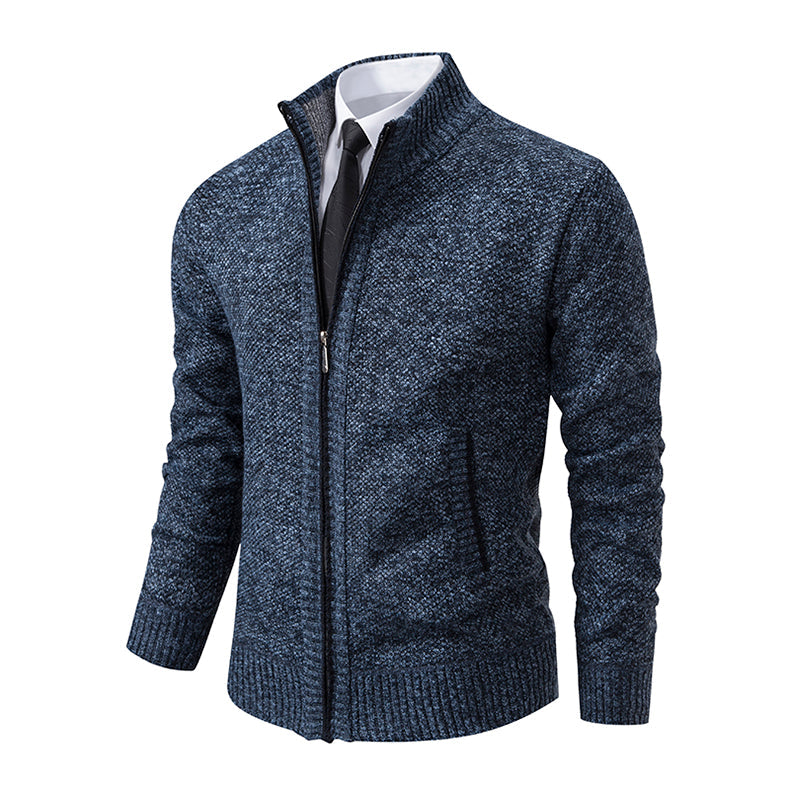 Men's Textured Knit Zip Knit Cardigan with Side Pockets – Dark Blue