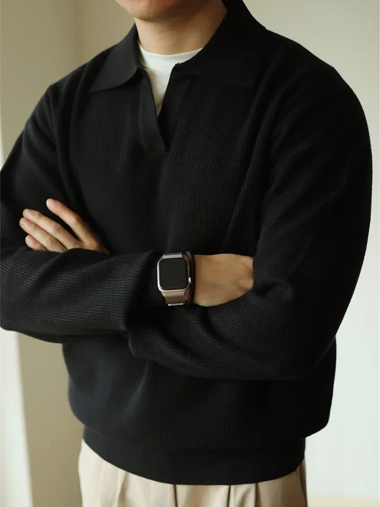 Men's Polo Collar Long-Sleeve Knit Pullover – Black