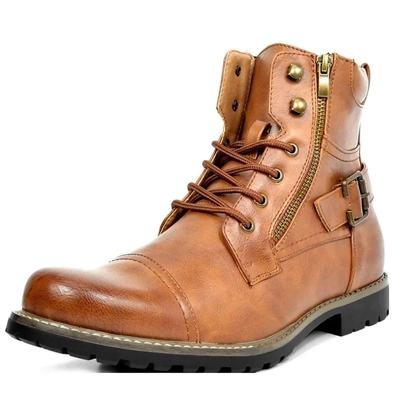 Men's Leather-Look Buckle-Detail Tie-Front Boots – Brown