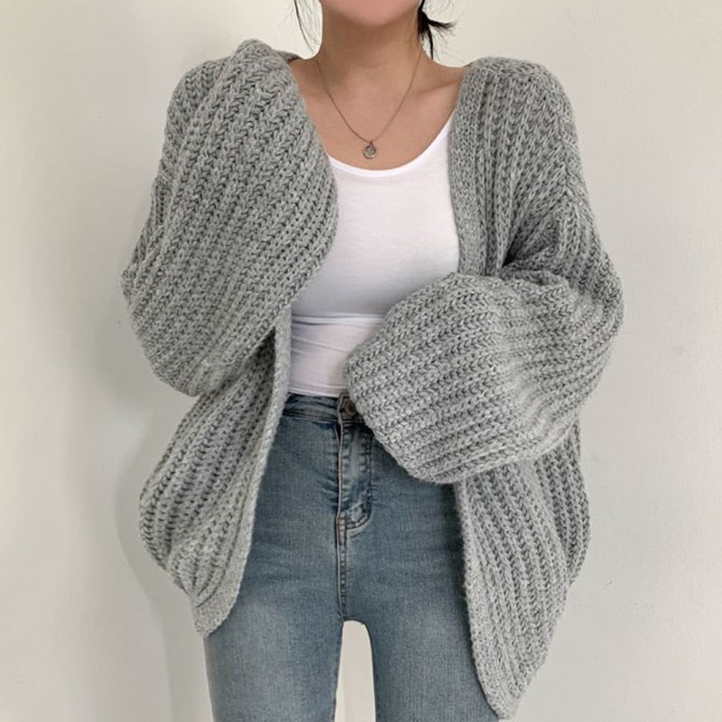 Women's Chunky-Knit Open-Style Knit Cardigan – Light Gray