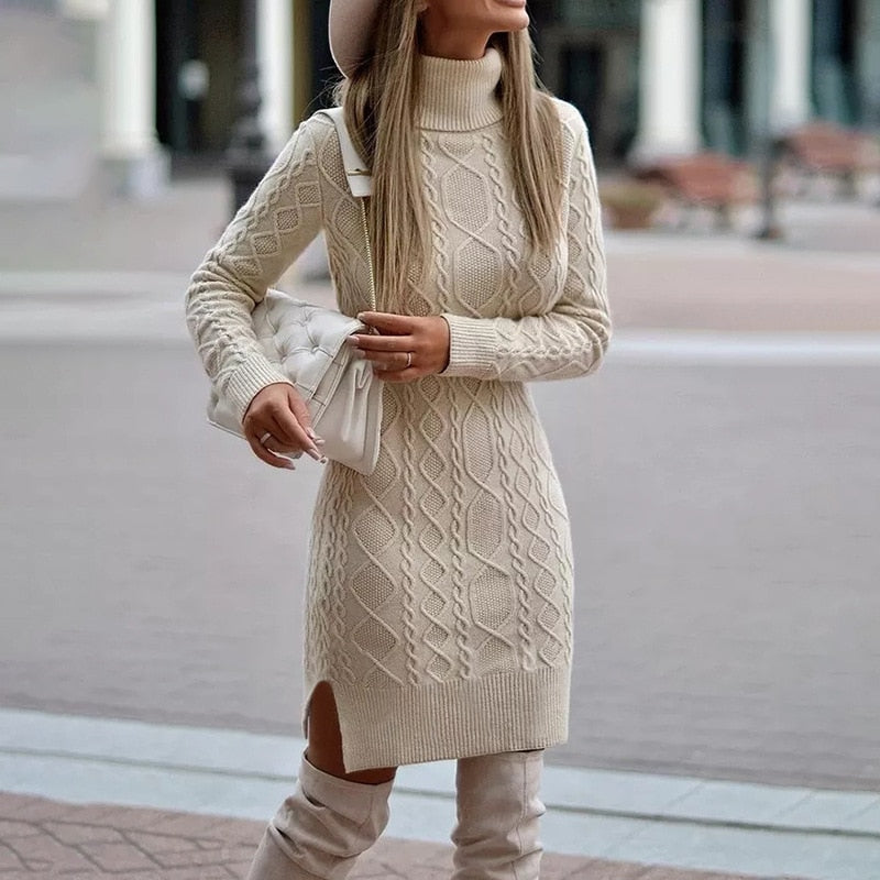 Women's Cable-Stitch Roll-Neck Sweater Dress – Beige