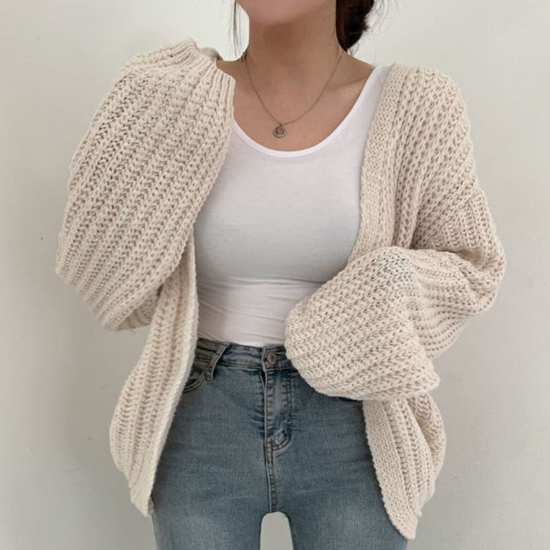 Women's Chunky-Knit Open-Style Knit Cardigan – Cream