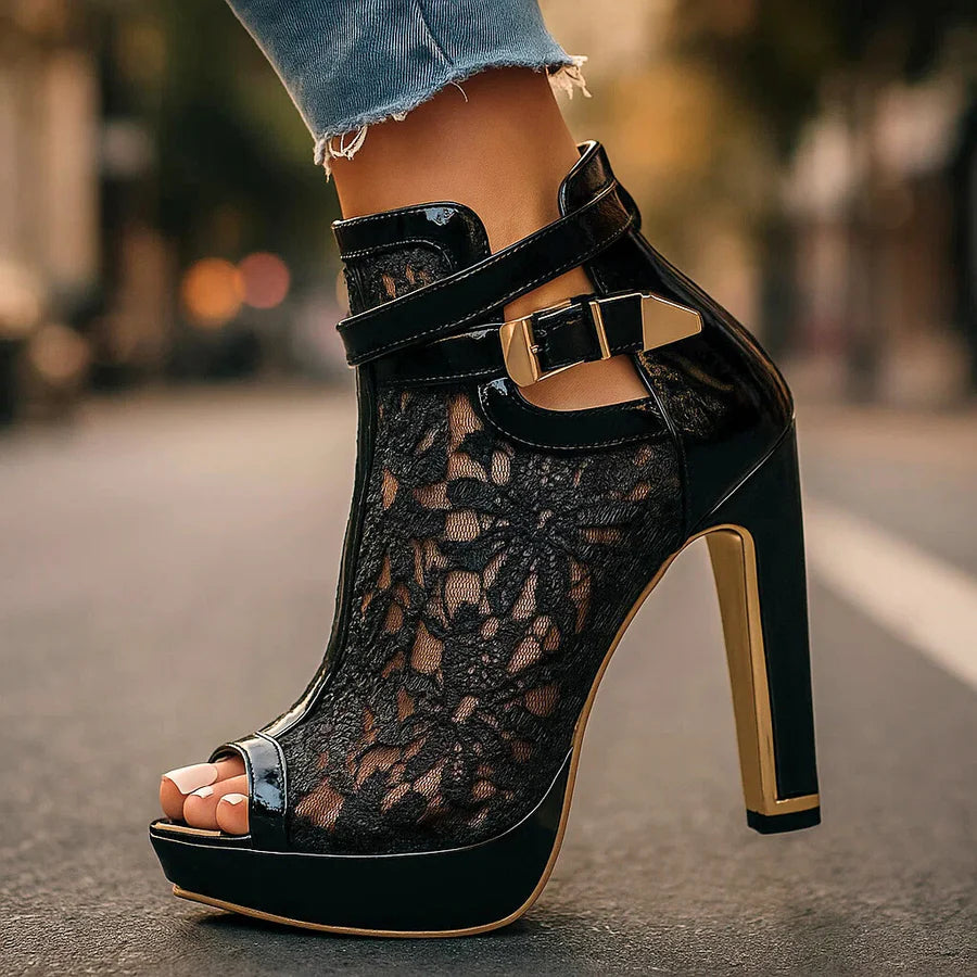 Women's Peep-Toe Platform-Sole Booties – Black