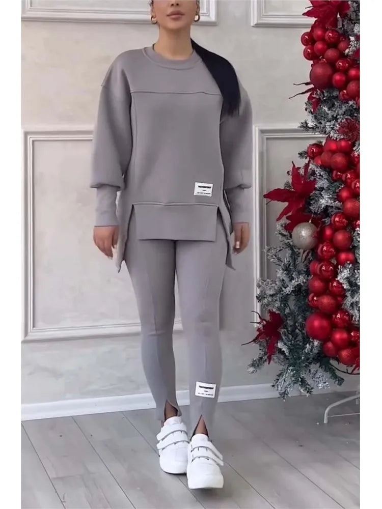 Women's Relaxed-Fit Sweatshirt and Slim-Cut Pants Two Piece Set – Gray