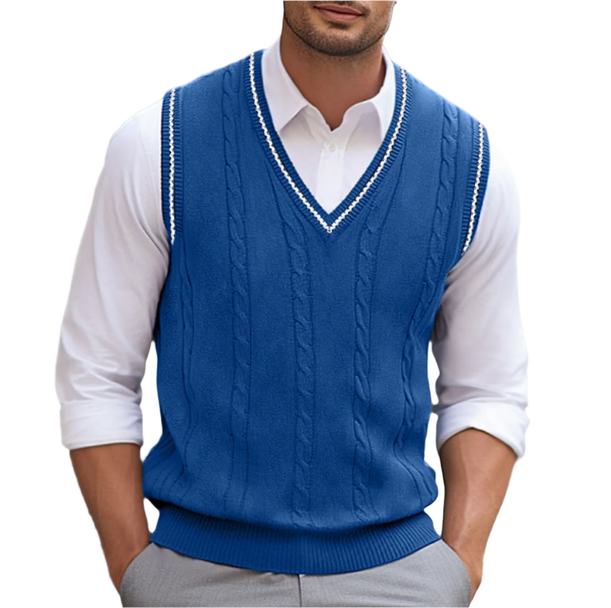 Men's Light-Weight V-Neckline Knit Sweater Vest – Blue