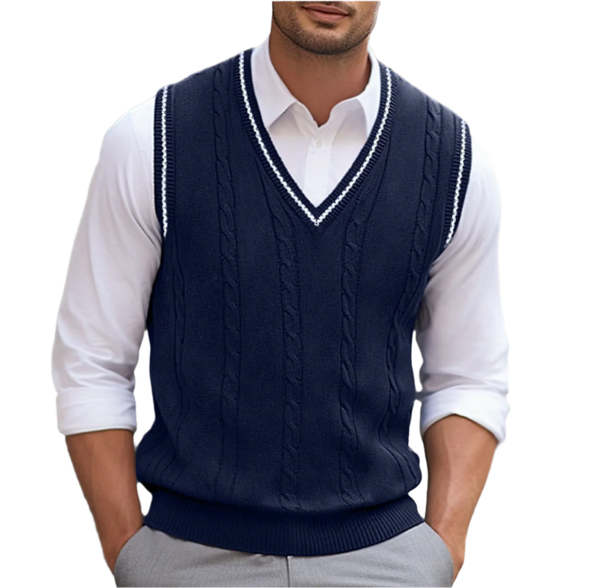 Men's Light-Weight V-Neckline Knit Sweater Vest – Dark Blue