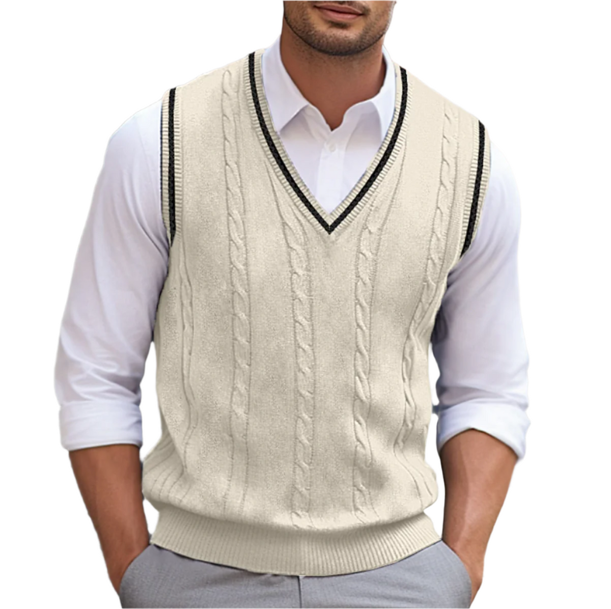 Men's Light-Weight V-Neckline Knit Sweater Vest – Beige