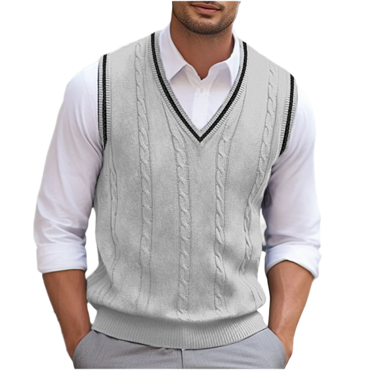 Men's Light-Weight V-Neckline Knit Sweater Vest – Light Gray