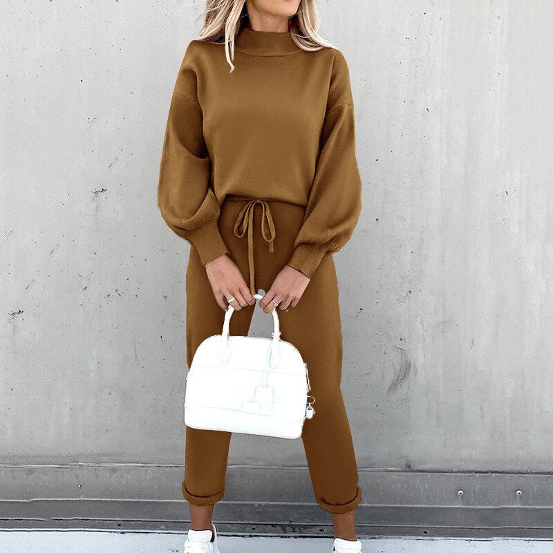 Women's Trousers and Sweater Knit Warm Two Piece Set – Coffee