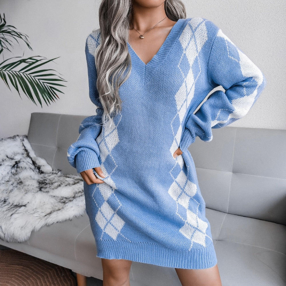 Women's Print-Detail V-Neckline Knit Sweater Dress – Blue