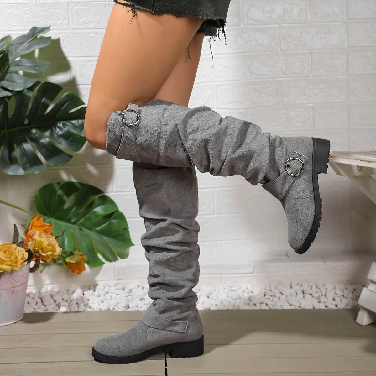 Women's Slouchy Knee-High Boots – Light Gray