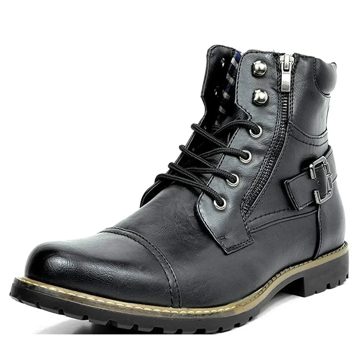 Men's Leather-Look Buckle-Detail Tie-Front Boots – Black