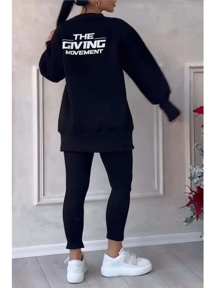 Women's Relaxed-Fit Sweatshirt and Slim-Cut Pants Two Piece Set – Black