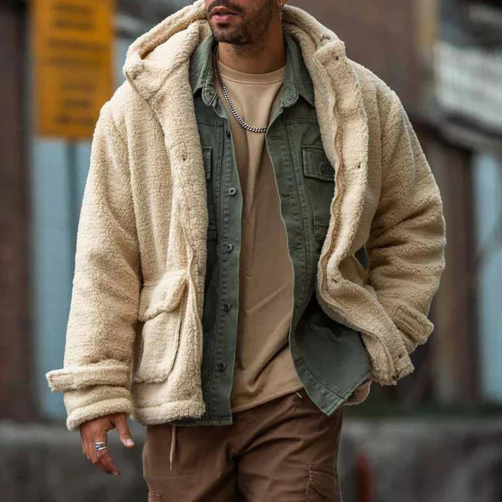 Men's Teddy Fleece Hood-Detail Jacket – Cream