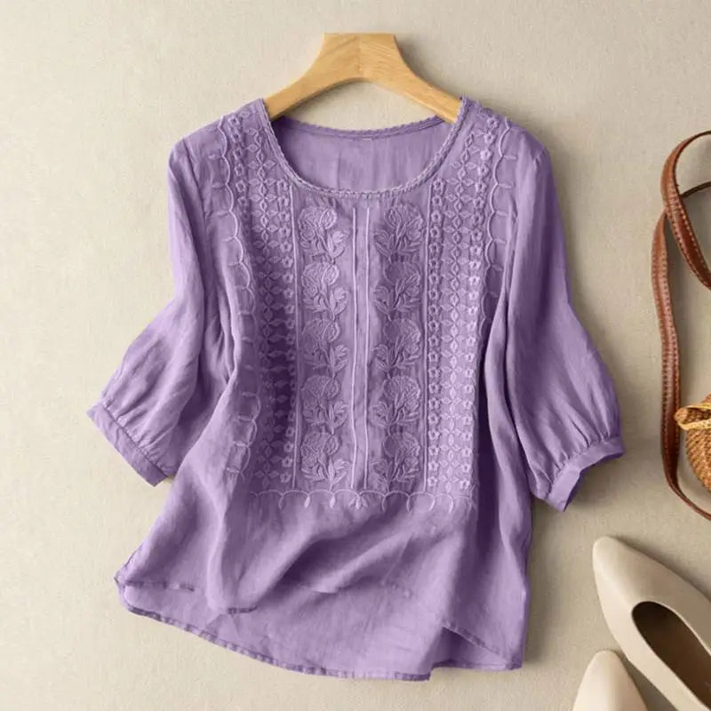 Women's Embroidery-Detail Round-Neck Blouse – Light Purple