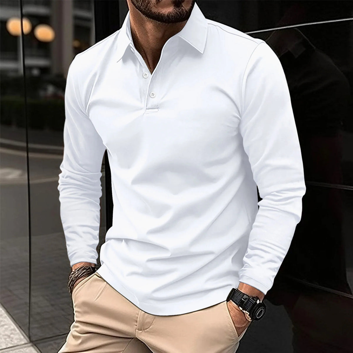 Men's Slim-Cut Long Sleeve Polo Shirt – White