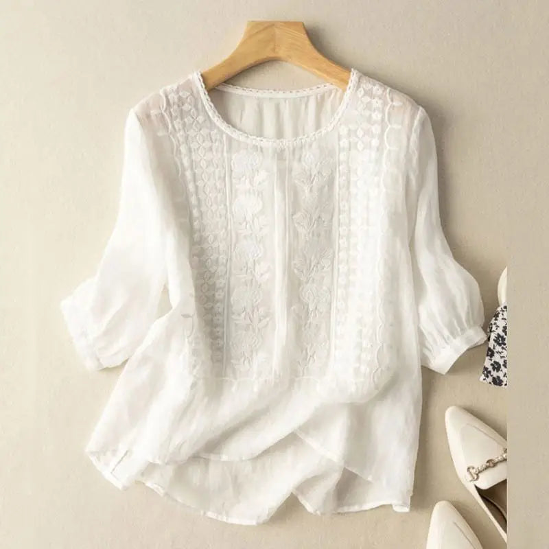 Women's Embroidery-Detail Round-Neck Blouse – White