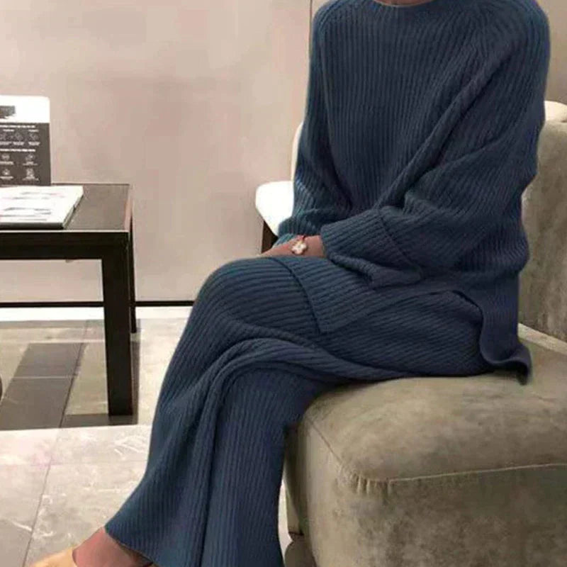 Women's Rib-Knit Sweater and Wide-Cut Trouser Set – Navy Blue