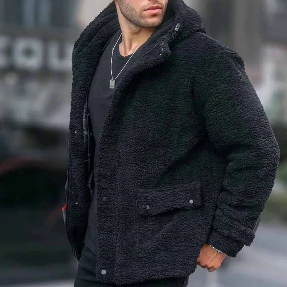 Men's Teddy Fleece Hood-Detail Jacket – Black