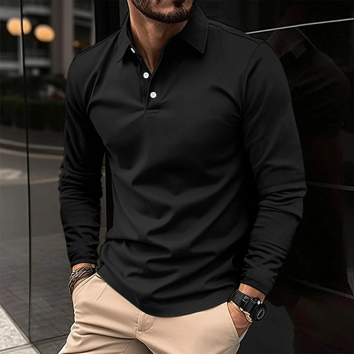 Men's Slim-Cut Long Sleeve Polo Shirt – Black