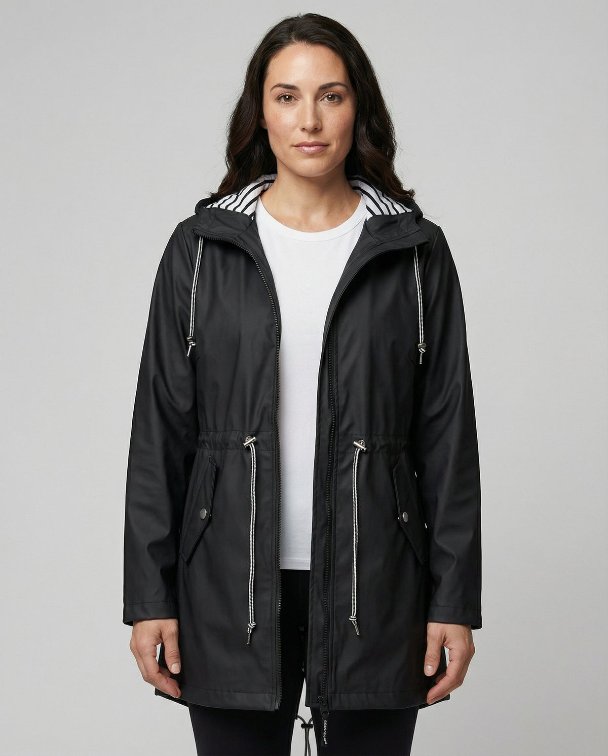 Women's Water-Repellent Hood-Detail Raincoat – Black