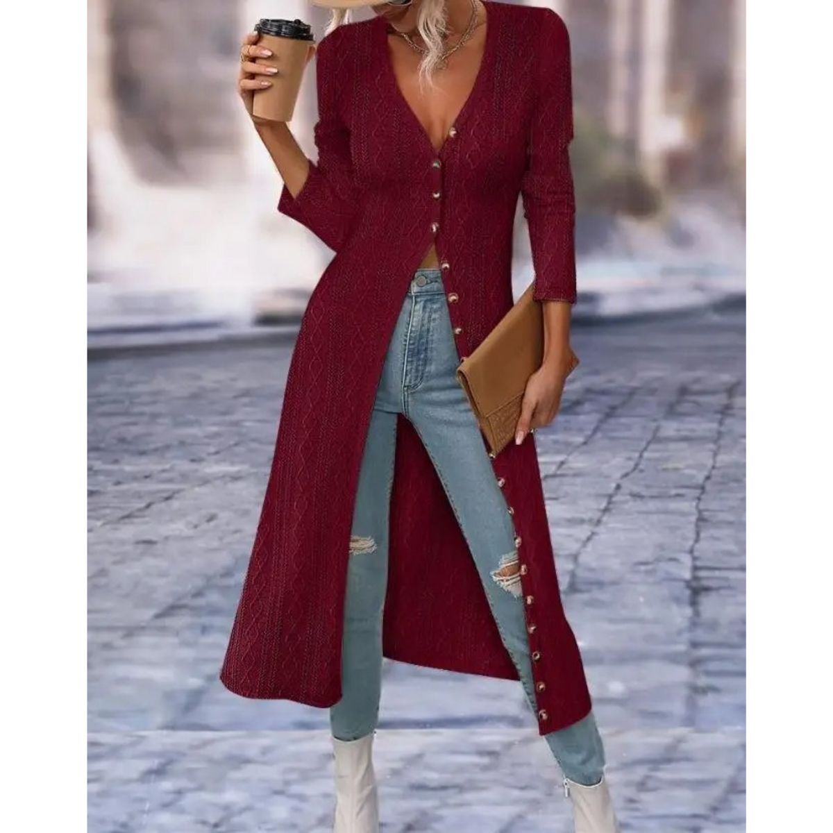 Women's Longline V-Neckline Button-Front Jacket – Red