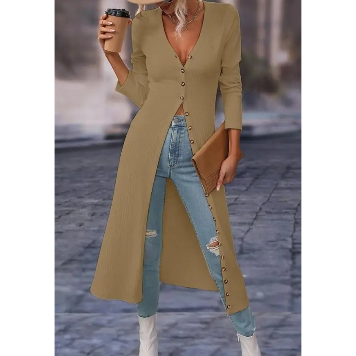 Women's Longline V-Neckline Button-Front Jacket – Brown