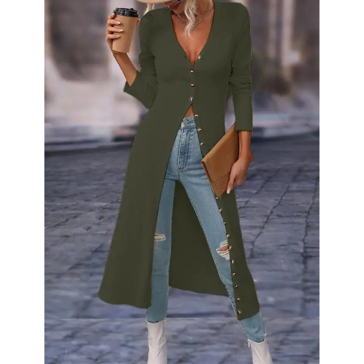 Women's Longline V-Neckline Button-Front Jacket – Green