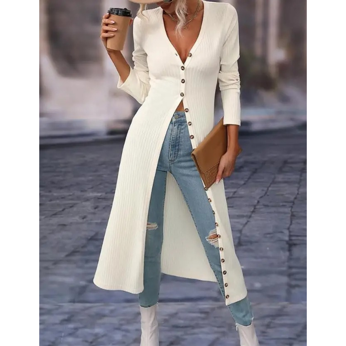 Women's Longline V-Neckline Button-Front Jacket – White