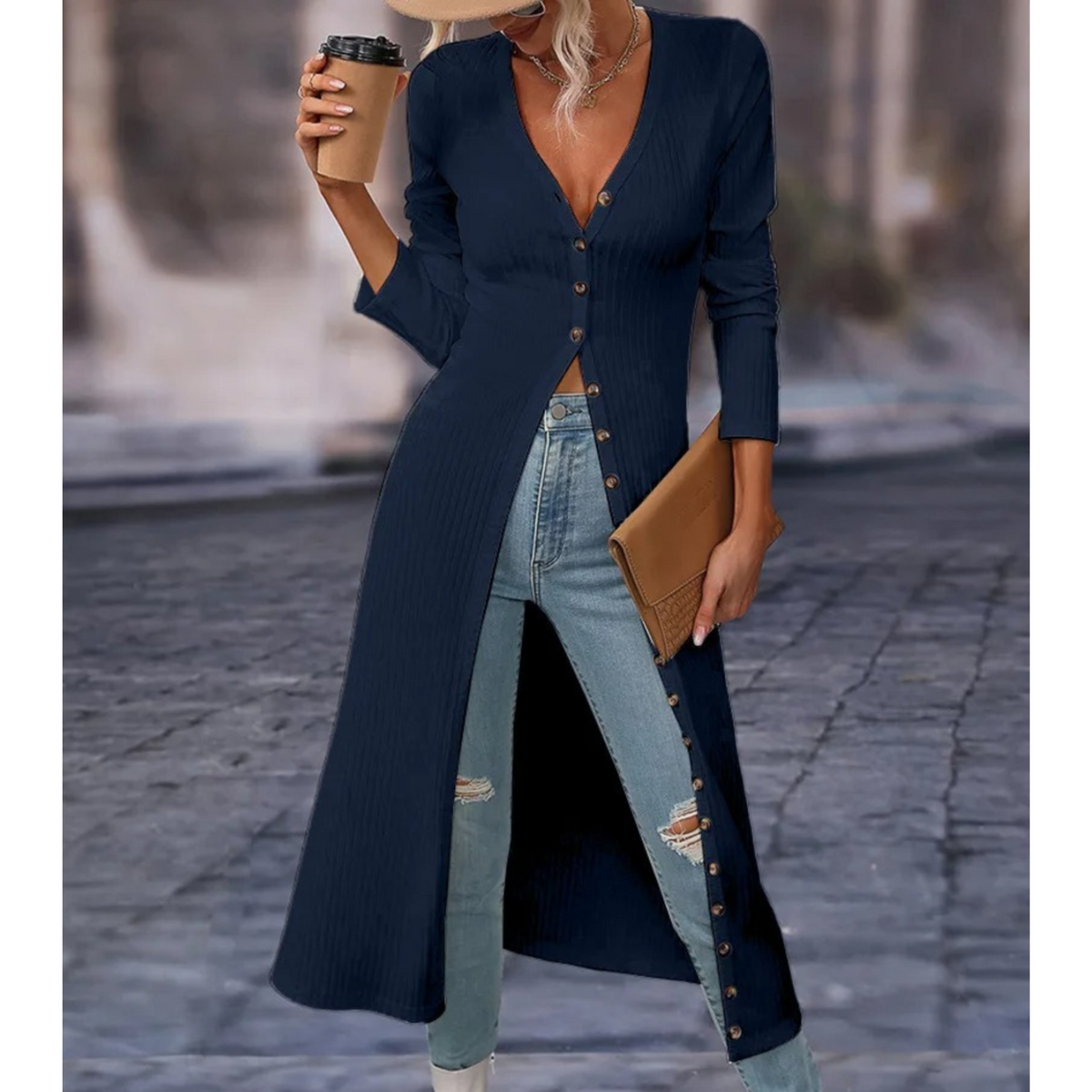 Women's Longline V-Neckline Button-Front Jacket – Blue