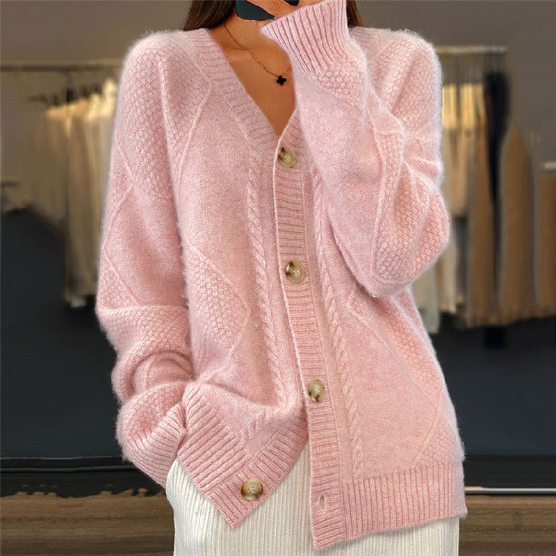 Women's V-Neckline Button-Front Textured Knit Cardigan for Weekends – Pink