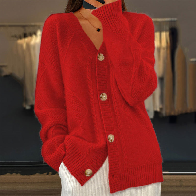 Women's V-Neckline Button-Front Textured Knit Cardigan for Weekends – Red