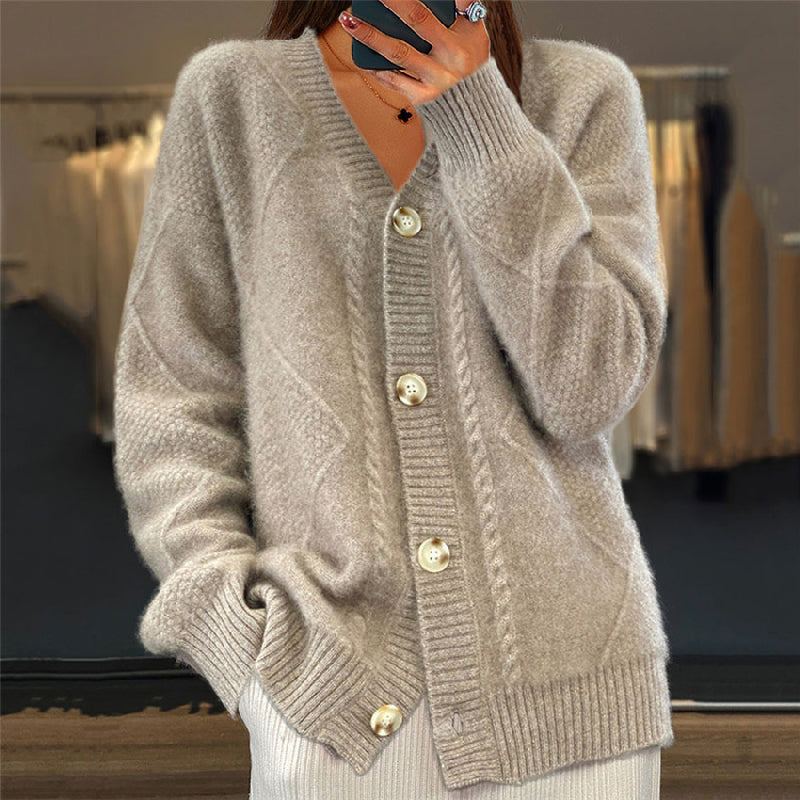 Women's V-Neckline Button-Front Textured Knit Cardigan for Weekends – Gray