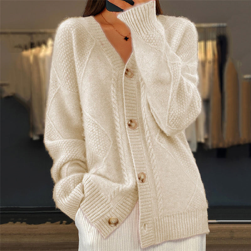 Women's V-Neckline Button-Front Textured Knit Cardigan for Weekends – Beige