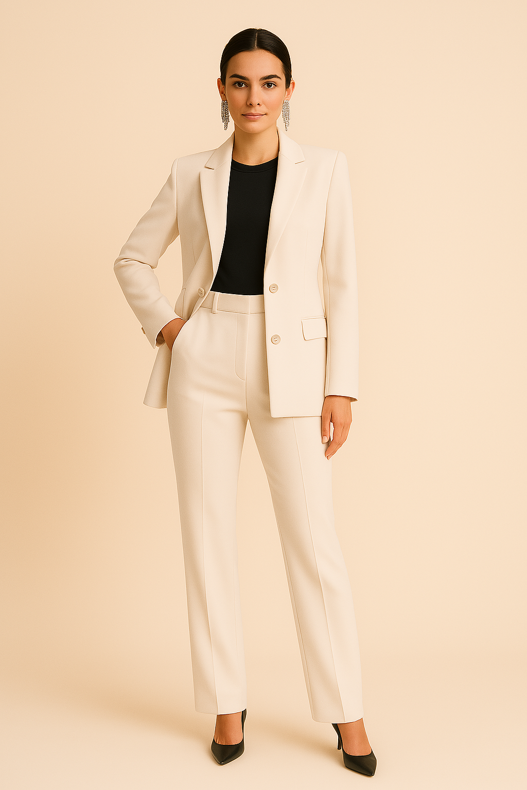 Women's Fitted Blazer and Pants Set – Beige