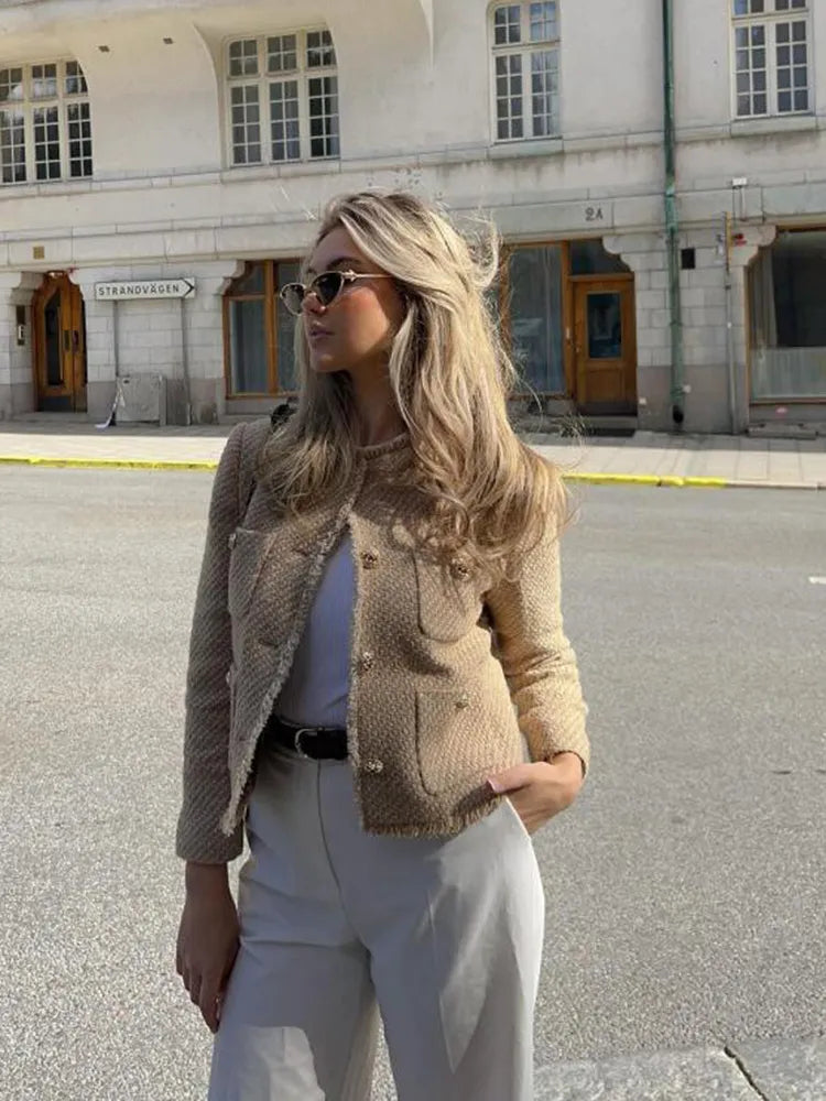 Women's No-Collar Crop-Length Tweed Jacket with Four Pockets – view 1