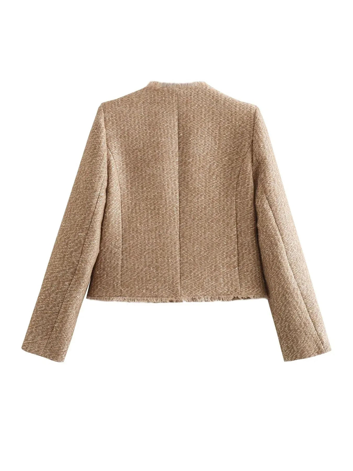 Women's No-Collar Crop-Length Tweed Jacket with Four Pockets – view 4
