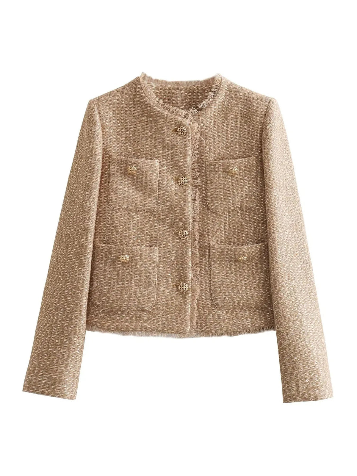 Women's No-Collar Crop-Length Tweed Jacket with Four Pockets – view 5