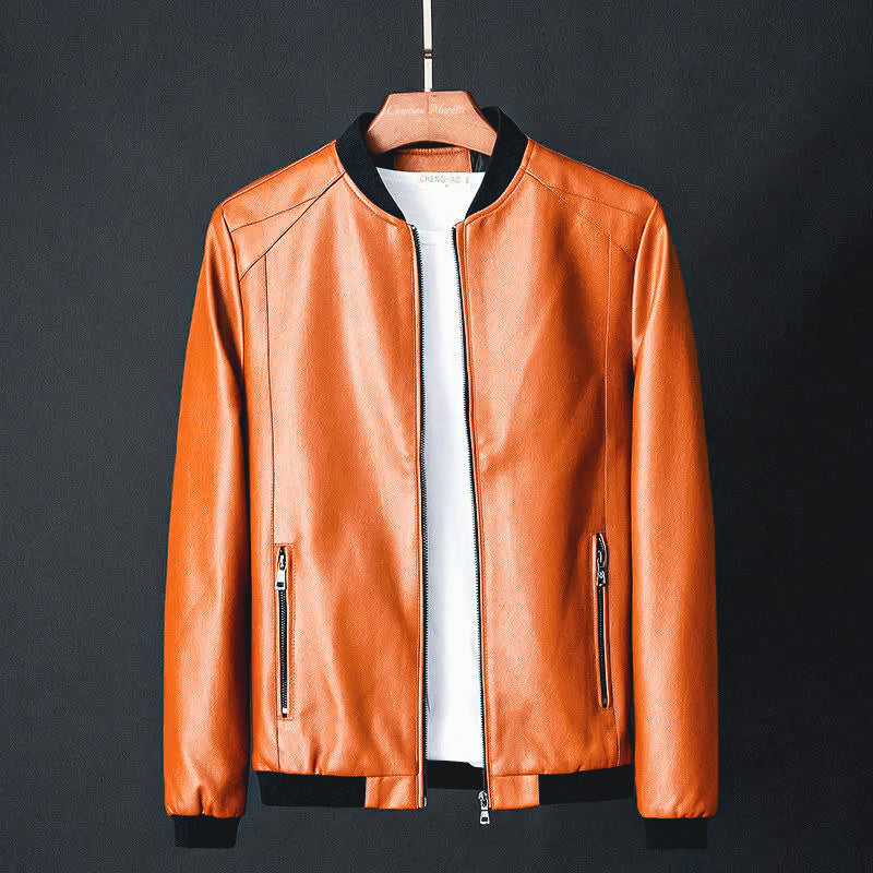 Men's Leather-Look Bomber Jacket with Ribbed Trims – Orange