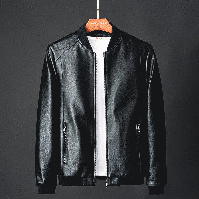 Men's Leather-Look Bomber Jacket with Ribbed Trims – Black