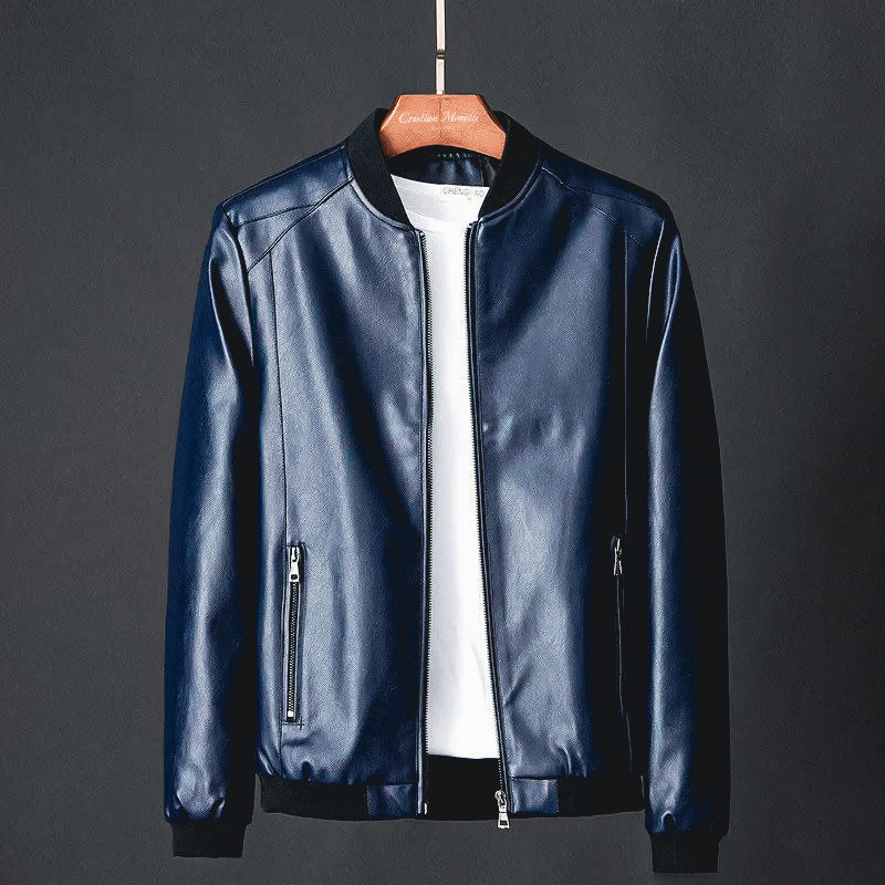 Men's Leather-Look Bomber Jacket with Ribbed Trims – Dark Blue