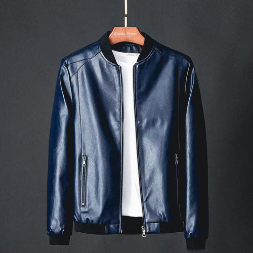 Men's Leather-Look Bomber Jacket with Ribbed Trims – Dark Blue