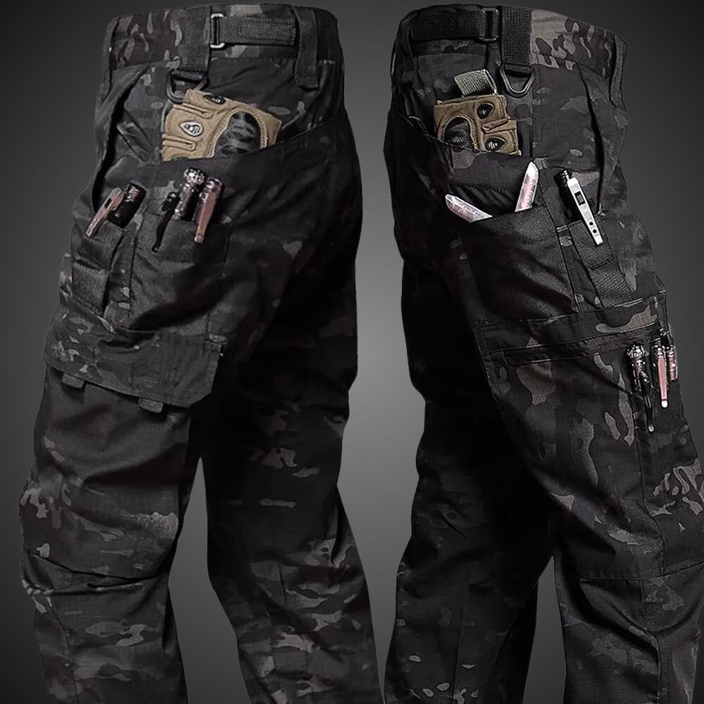 Men's Camouflage Ripstop-Weave Cargo Pants for Outdoor Wear – Black Camo