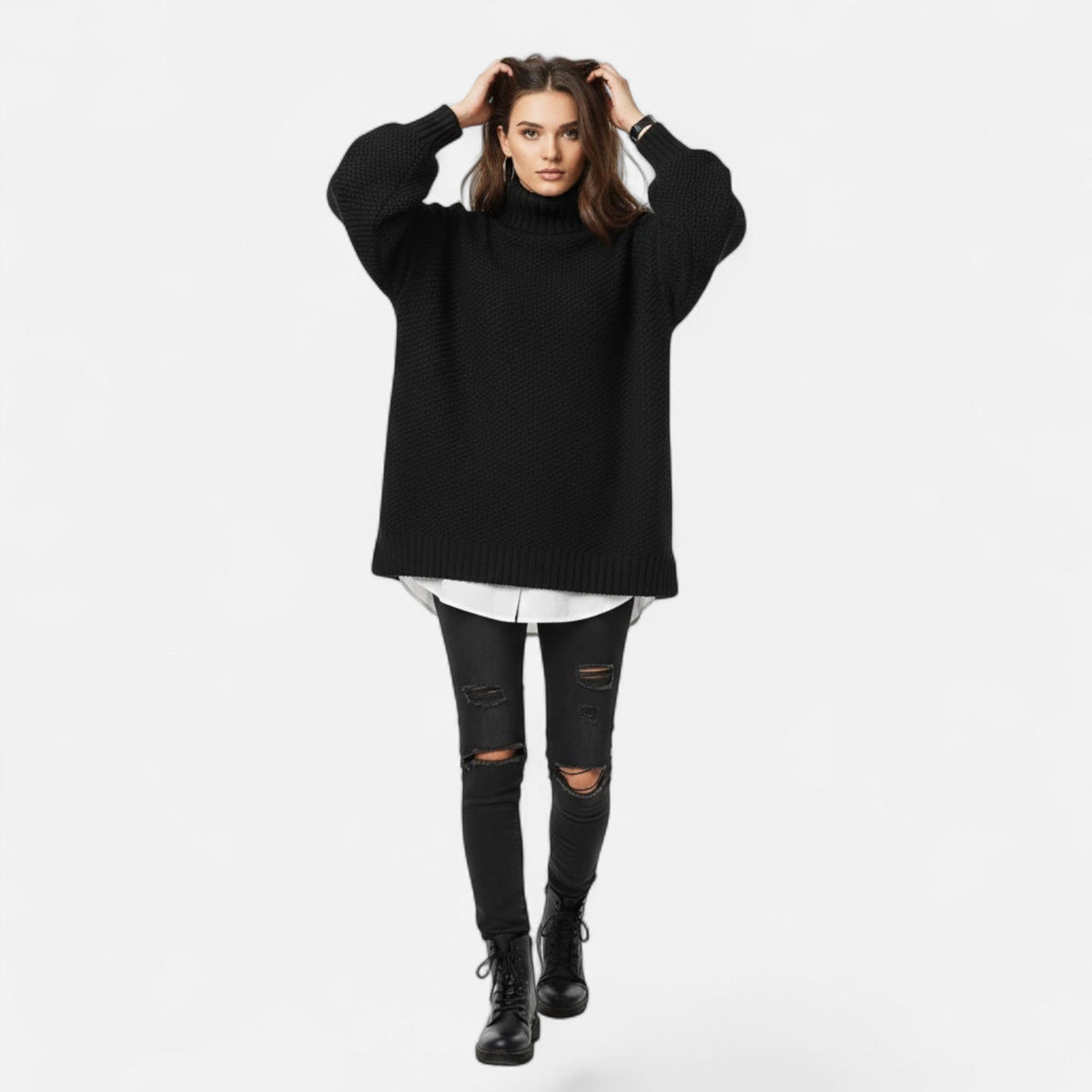 Women's Plus-Size Mock-Neck Loose Knit Pullover for Winter – view 3